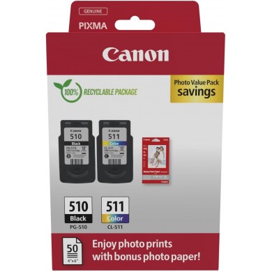 Multi Pack Ink Cartridge Canon PG-510/CL-511 (2970B017) + 10*15 Glossy Photo Paper (50 sheets) PHOTO VALUE PAC for MP230/240/250/260/270/280/490/495