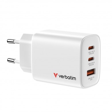 Incarcator USB VERBATIM Essentials GaN Charger 65W / 2x USB-C, 1x USB-A / White Incarcator USB VERBATIM Essentials GaN Charger 65W / 2x USB-C, 1x USB-A / White