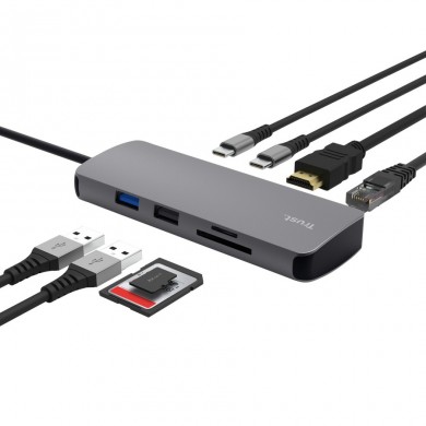 Adaptor multiport USB-C 8 in 1Trust Dalyx / HDMI/ PD 3.0/ LAN/ 2хUSB-C/ 2xUSB-A/ SD/ microSD
