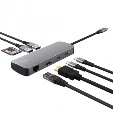 Adaptor multiport USB-C 8 in 1Trust Dalyx / HDMI/ PD 3.0/ LAN/ 2хUSB-C/ 2xUSB-A/ SD/ microSD