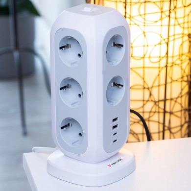 Verbatim Multi Plug Power Tower, 11 AC EU outlets, 2 x Type-C ports + 2 x USB-A ports, 3600W/16A