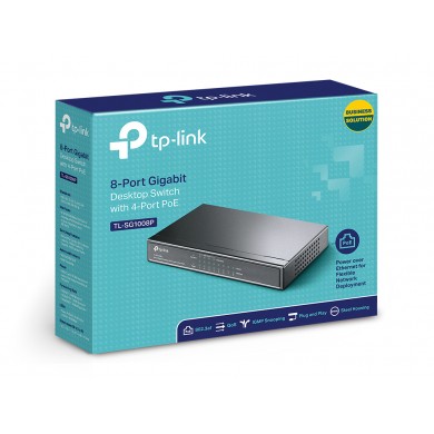 TP-LINK TL-SG1008P, 8-Port Gigabit Desktop PoE Switch, 8 Gigabit RJ45 ports including 4 PoE ports, 53W PoE Power supply, steel case