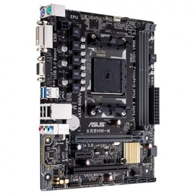 ASUS A68HM-K, Socket FM2/FM2+, AMD A68H, Dual 2xDDR3-2400, APU AMD graphics, DVI, 1x PCIe X16, 4xSATA3(6Gb/s), RAID, 1x PCIe X1, 1x PCI, ALC887 7.1ch HDA, GigaBit LAN, 2xUSB3.0(5Gb/s), mATX