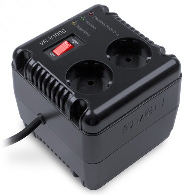 SVEN VR-V1000, 500W, Automatic Voltage Regulator, 2x Schuko outlets+1x ІЕС 320, Input voltage: 184-285V, Output voltage: 230V &plusmn; 10%, diod indicators on the front panel, plastic body, Black