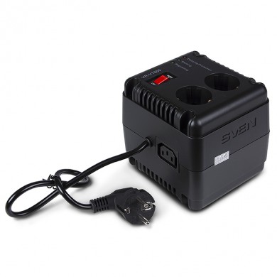 SVEN VR-V1000, 500W, Automatic Voltage Regulator, 2x Schuko outlets+1x ІЕС 320, Input voltage: 184-285V, Output voltage: 230V &plusmn; 10%, diod indicators on the front panel, plastic body, Black