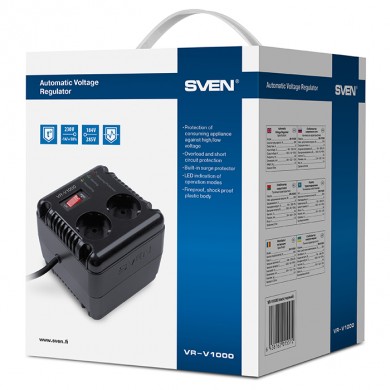 SVEN VR-V1000, 500W, Automatic Voltage Regulator, 2x Schuko outlets+1x ІЕС 320, Input voltage: 184-285V, Output voltage: 230V &plusmn; 10%, diod indicators on the front panel, plastic body, Black