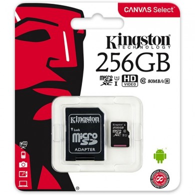 256GB microSD Class10 UHS-I + SD adapter  Kingston Canvas Select, 400x, Up to: 80MB/s