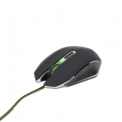 Gembird MUSG-001-G, Gaming Optical Mouse, 2400dpi adjustable, 6 buttons,  Illuminated scroll wheel, logo and side accents; Non-slip rubberized ergonomic design, Practical tangle free nylon mesh cable, USB, Black-Green