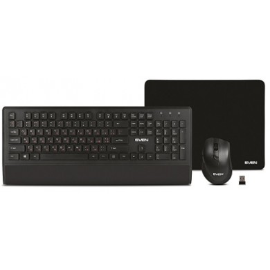 SVEN KB-C3800W, Wireless, Keyboard & Mouse & Mouse Pad, 2.4GHz, Multimedia Keyboard (104 keys, 12Fn-keys) + Mouse (5+1 keys (scroll wheel), 800/1200/1600dpi), Nano receiver, USB, Black, Rus/Ukr/Eng