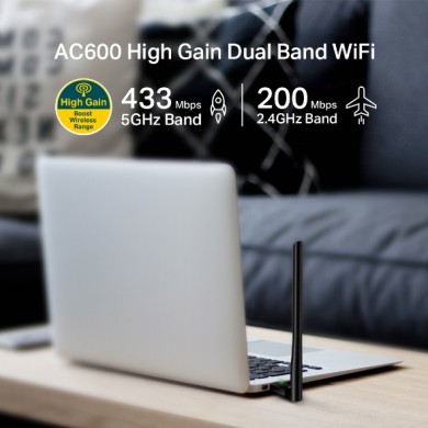 TP-LINK Archer T2U Plus AC600 Wireless Dual Band USB Adapter, 433Mbps on 5GHz + 150Mbps on 2.4GHz, 802.11a/b/g/n/ac, High Gain, 1 fixed Antenna