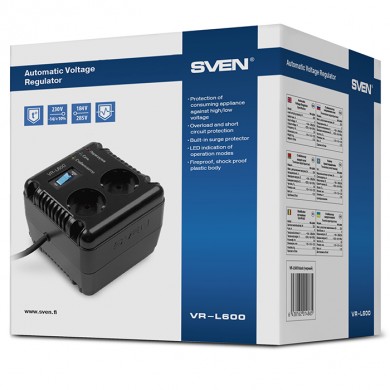 SVEN VR-L600, 200W, Automatic Voltage Regulator, 2x Schuko outlets, Input voltage: 184-285V, Output voltage: 230V &plusmn; 10%, diod indicators on the front panel, plastic body, Black