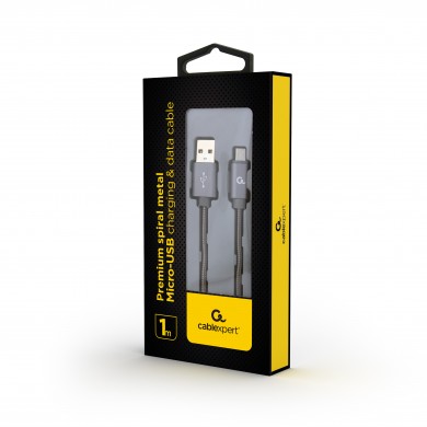 Cable USB2.0/Micro-USB - 1m - Cablexpert CC-USB2S-AMmBM-1M-BG, Premium spiral metal Micro-USB charging and data cable, USB 2.0 A-plug to Micro-USB plug, up to 480 Mb/s, cotton braided, blister, grey