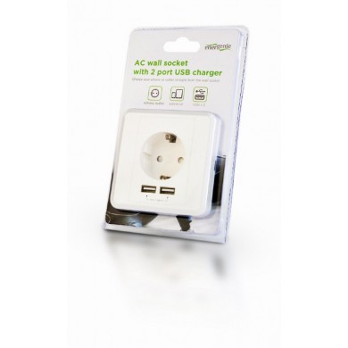 Socket  GEMBIRD AC wall socket with 2 port USB charger, 2.4A, USB charger: 2 ports, 5 V DC up to 2.4 A / 12 W (total), AC rating: up to 250 V, up to 16 A