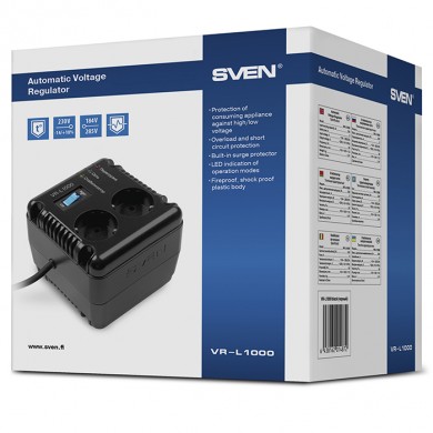 SVEN VR-L1000, 320W, Automatic Voltage Regulator, 2x Schuko outlets, Input voltage: 184-285V, Output voltage: 230V &plusmn; 10%, diod indicators on the front panel, plastic body, Black