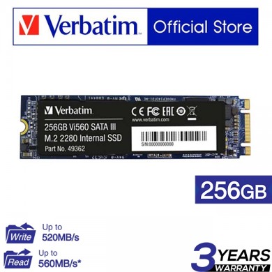 M.2 SATA SSD 256GB  Verbatim Vi560 S3, SATA 6Gb/s, M.2 Type 2280 form factor, Sequential Reads: 560 MB/s, Sequential Writes: 460 MB/s, Max Random 4k: Read: 102,000 IOPS / Write: 80,000 IOPS, Phison Controller, 3D NAND TLC