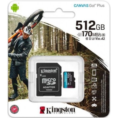 Card de memorie microSD 512GB Kingston Canvas Go! Plus, A2, 170Mbpsr, + SD adapter