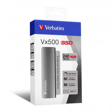 M.2 External SSD 240GB  Verbatim Vx500 USB 3.1 Gen 2, Sequential Read/Write: up to 500/430 MB/s, Windows&reg;, Mac, PS4 and Xbox One compatible, Light, Portable, Durable, Ultra-compact aluminum housing, Low power consumption