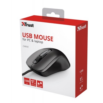 Trust Carve Optical Mouse, 1200 dpi, 3 button, USB, Black