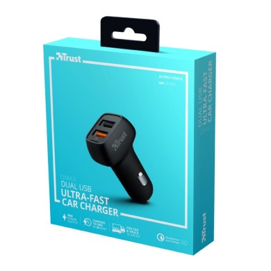 USB Car Charger - Trust Qmax 30W Ultra-Fast Dual USB Car Charger with QC3.0, Fast-charge with up to 12W power or ultra-fast charge with 18W power and QuickCharge 3.0, Total output power (max): A, W 30
