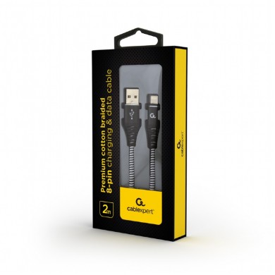 Cable USB2.0/8-pin (Lightning) Premium cotton braided - 2m - Cablexpert CC-USB2B-AMLM-2M-BW, Black/White, USB 2.0 A-plug to 8-pin, blister