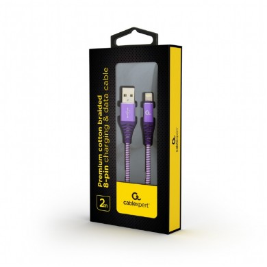 Cable USB2.0/8-pin (Lightning) Premium cotton braided - 2m - Cablexpert CC-USB2B-AMLM-2M-PW, Purple/White, USB 2.0 A-plug to 8-pin, blister