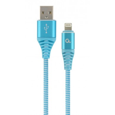 Cable USB2.0/8-pin (Lightning) Premium cotton braided - 2m - Cablexpert CC-USB2B-AMLM-2M-VW, Blue/White, USB 2.0 A-plug to 8-pin, blister