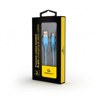 Cable USB2.0/8-pin (Lightning) Premium cotton braided - 2m - Cablexpert CC-USB2B-AMLM-2M-VW, Blue/White, USB 2.0 A-plug to 8-pin, blister