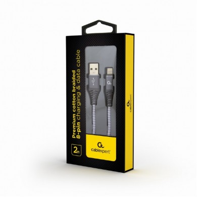 Cable USB2.0/8-pin (Lightning) Premium cotton braided - 2m - Cablexpert CC-USB2B-AMLM-2M-WB2, Spacegrey/White, USB 2.0 A-plug to 8-pin, blister