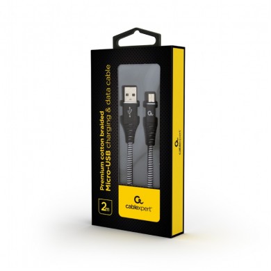 Cable USB2.0/Micro-USB Premium cotton braided - 2m - Cablexpert CC-USB2B-AMmBM-2M-BW, Black/White, USB 2.0 A-plug to Micro-USB plug, blister