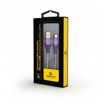 Cable USB2.0/Micro-USB Premium cotton braided - 2m - Cablexpert CC-USB2B-AMmBM-2M-PW, Purple/White, USB 2.0 A-plug to Micro-USB plug, blister