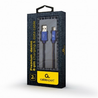 Cable USB2.0/8-pin (Lightning) Premium Jeans - 2m - Cablexpert CC-USB2J-AMLM-2M-BL, Blue, USB 2.0 A-plug to 8-pin plug, blister