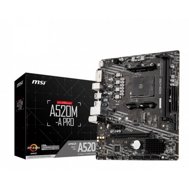 MSI A520M-A PRO, Socket AM4, AMD A520, Dual 2xDDR4-4600, APU AMD graphics, DVI, HDMI, 1xPCIe X16, 4xSATA3, RAID, 1xM.2 Slot, 1xPCIe X1, ALC892 HDA, GbE LAN, 6xUSB3.2, mATX