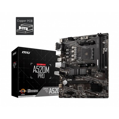 MSI A520M PRO, Socket AM4, AMD A520, Dual 2xDDR4-4600, APU AMD graphics, VGA, HDMI, DP, 1xPCIe X16, 4xSATA3, RAID, 1xM.2 Slot, 2xPCIe X1, ALC892 HDA, GbE LAN, 6xUSB3.2 Gen 1, RGB Led, mATX
