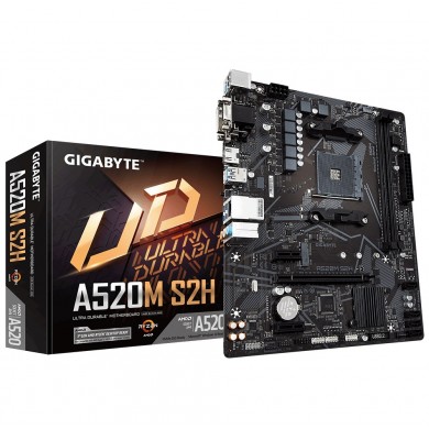 GIGABYTE GA-A520M-S2H, Socket AM4, AMD A520, Dual 2xDDR4-5100, APU AMD graphics, VGA, DVI, HDMI, 1xPCIe X16, 4xSATA3, RAID, 1xM.2, 2xPCIe X1, ALC887 HDA, GbE LAN, 6xUSB3.2, RGB Fusion 2.0, mATX