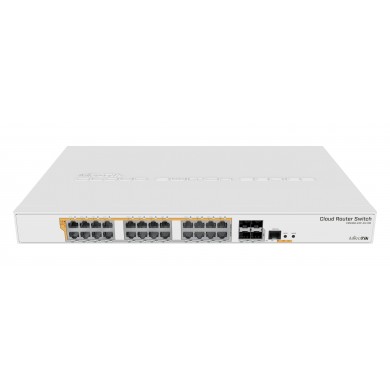 Cloud Router Switch 328-24P-4S+RM with 800 MHz CPU, 512MB RAM, 24xGigabit LAN (all PoE-out), 4xSFP+ cages, RouterOS L5 or SwitchOS (dual boot), 1U rackmount case, 500W built-in PSU