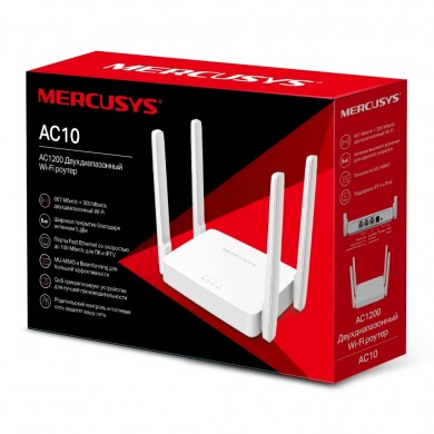 Wireless Router MERCUSYS AC10 / AC1200 Dual Band / Wi-Fi5 / 1 WAN+2 LAN / 4 external antennas