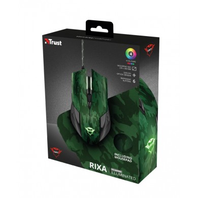 Trust Gaming GXT 781 Rixa Camo Mouse & Mouse Pad, 800 - 3200 dpi, 6 Responsive buttons, LED illumination with breathing effect in 4 colours, 1,8 m USB, Camouflage