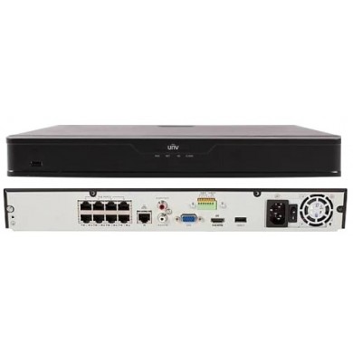 UNV NVR302-08S-P8, 8-ch, 2 SATA, 8 PoE, Incoming Bandwidth 64Mbps, 1x LAN, Audio In/Out 1/1, Alarm In/Out 4/1, 4 x 1080P@30 / 2 x 4MP@30 / 1 x 4K@30,1U, H.265&4K