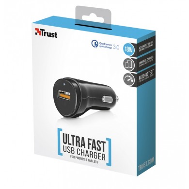 USB Car Charger - Trust Ultra-Fast (18W) USB Car Charger with QC3.0 and auto-detect, Output: QC3.0 mode with 5V/3A – 9V/2A – 12V/1.5A and auto-detect mode with 5V/2.4A