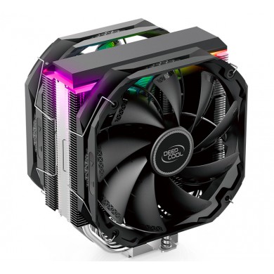DEEPCOOL Cooler "AS500 PLUS", with A-RGB LED Strip, LGA2066/2011/1700/1200/1151/1150/1155 & AM5/AM4/AM3/FM2, up to 220W, 2x fans: TF140S PWM 140х140х25mm, 500~1200rpm, 19.2 ~31.5 dB(A), 70.81 CFM, 4-pin, A-RGB LED CONTROLLER, 5x 6mm Cooper Heatpipes, Black