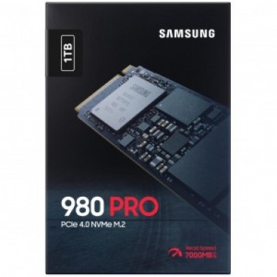 M.2 NVMe SSD 1.0TB  Samsung SSD 980 PRO, PCIe4.0 x4 / NVMe1.3c, M2 Type 2280 form factor, Seq. Read: 7000 MB/s, Seq. Write: 5000 MB/s, Max Random 4k: Read /Write: 1000,000/1000,000 IOPS, Samsung Elpis Controller, 1GB LPDDR4, V-NAND 3-bit MLC