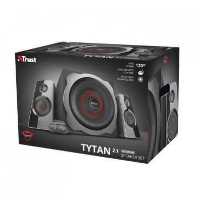 Trust Gaming GXT 38 Tytan 2.1 Ultimate Bass Speaker Set, Wooden subwoofer for rich and powerful sound, 120w  - Black