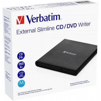 External Slimline CD/DVD Writer VERBATIM, Light Version, Portable Slim -14mm, Super-Multi CDR/RW +24x/-24x, DVDR+8x/-8x, RW+6x/-6x, DL+6x, RAM 5x, miniDVD, M-DISC, USB2.0, 2xUSB ports needed, Black, Retail (53504)