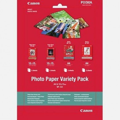 Paper Canon Variety Pack VP-101 A4 & 10x15  - Photo Paper Variety Pack A4 & 10 x 15cm VP-101 (20 sheets), (Glossy Photo paper 10x15 (5 sheets) + Semi-Gloss 10x15 (5 sheets) + Matte Photo paper A4 (5 sheets) + Glossy Photo paper A4 (5 Sheets))