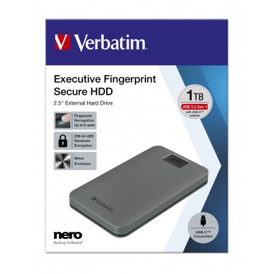 2.5&rdquo; External HDD 1.0TB (USB3.2/USB-C)  Verbatim Executive Fingerprint Secure, Grey, Aluminium, Sleek, Nero Backup Software, Green Button Energy Saving Software