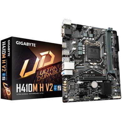 GIGABYTE H410M H V2, Socket 1200, Intel&reg; Q470 (10th Gen CPU), Dual 2xDDR4-2933, CPU Intel graphics, VGA, HDMI, 1xPCIe X16, 4xSATA3, RAID, 1xM.2, 2xPCIe X1, ALC887 HDA, GbE LAN, 4xUSB3.2, RGB Led, mATX