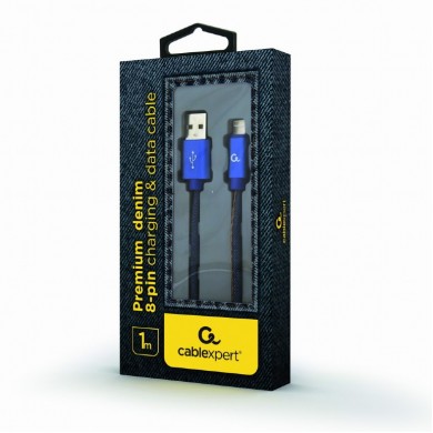 Cable USB2.0/8-pin (Lightning) Premium Jeans - 1m - Cablexpert CC-USB2J-AMLM-1M-BL, Blue, USB 2.0 A-plug to 8-pin plug, blister