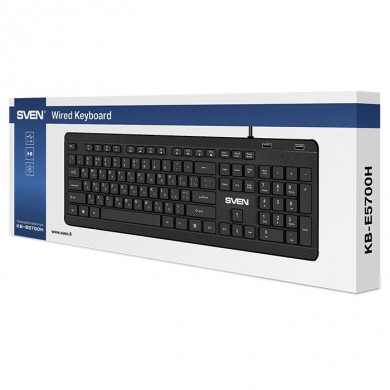 SVEN KB-E5700H, Keyboard, Waterproof construction, 104 keys, 12 Fn-keys, slim compact design, low-profile, USB 2.0 Hub 2 -ports, 1.5m, Black, Rus/Ukr/Eng