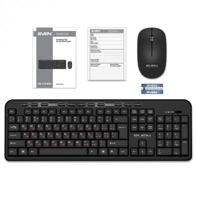 SVEN KB-C3200W, Wireless, Multimedia Keyboard & Mouse, 2.4GHz, (115 keys, 11 Fn-keys) + Mouse (3 + 1 (scroll wheel), 800/1200/1600 dpi), Nano receiver, USB, Black, Rus/Ukr/Eng