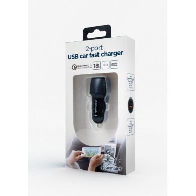USB Car Charger - TA-U2QC3-CAR-02, 2-port USB car fast charger, Type-C PD, 18 W, black